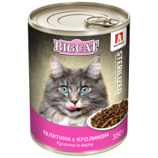 Влажный корм для кошек Big Cat Sterilized «Телятина с кроликом», кусочки в желе, 350г