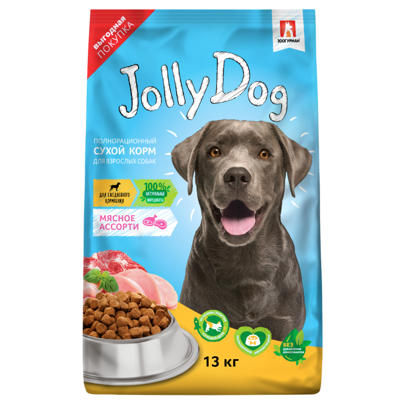 Полнорационный сухой корм для взрослых собак Jolly Dog, Мясное ассорти