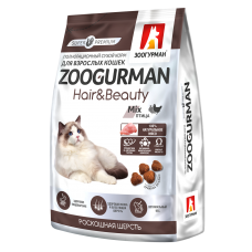 Полнорационный сухой корм для взрослых кошек Zoogurman Hair&Beauty, Птица/Mix, 0.35кг